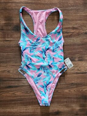 NWT Forever 21 Junior's Leaf Print Caged Back High Cut One Piece Swimsuit Medium